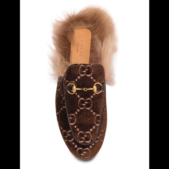 NIB GUCCI Princetown Velvet Logo Lamb Fur Mules 35 - Picture 5 of 10